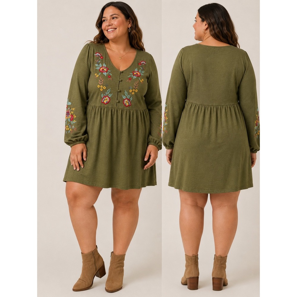 The Pyramid Collection Green Floral Embroidered Babydoll Tunic Mini Dress 2X